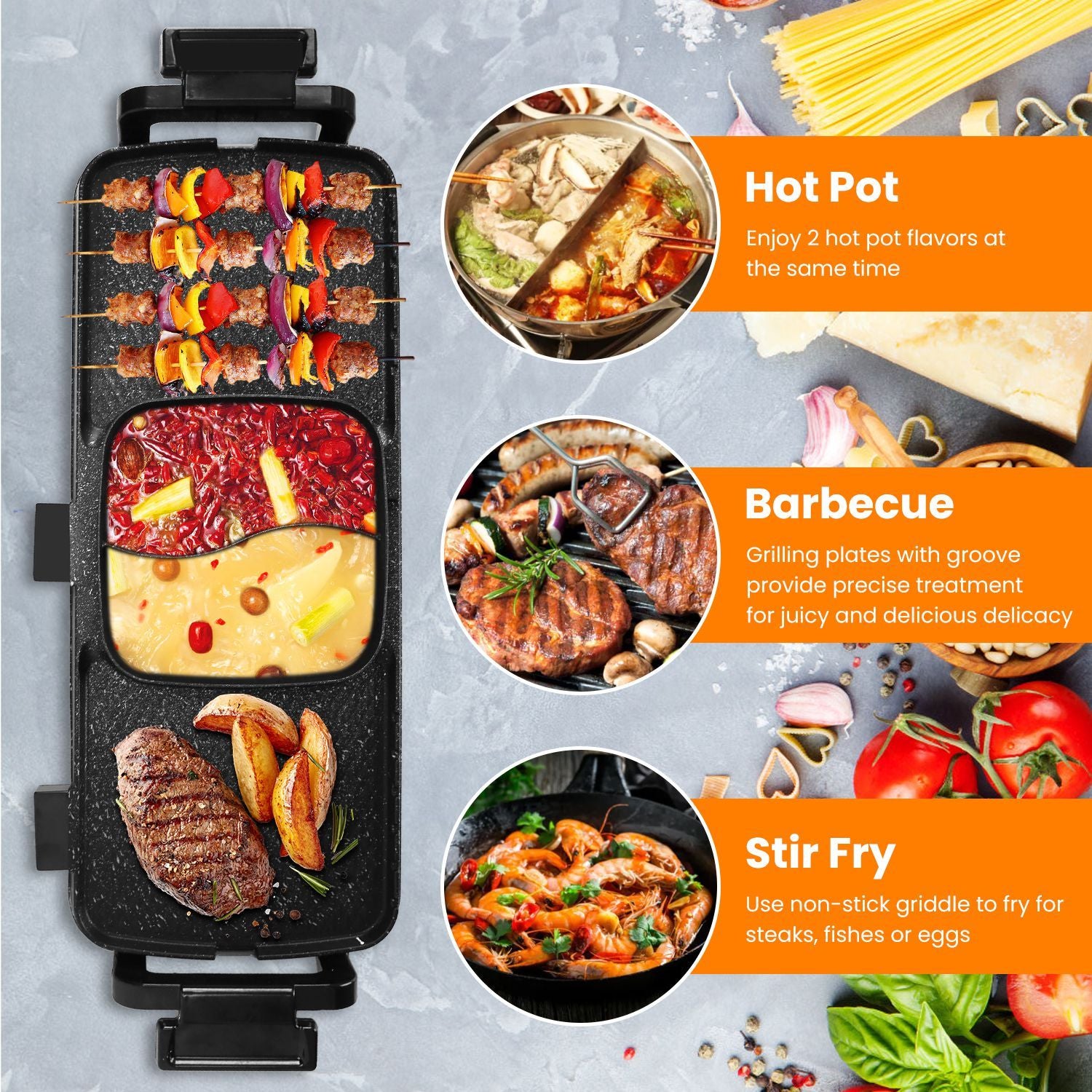 2-in-1 Electric Hot Pot with Smokeless Korean BBQ Grill – 2800W Non-Stick Shabu Shabu Combo with Independent Temperature Control