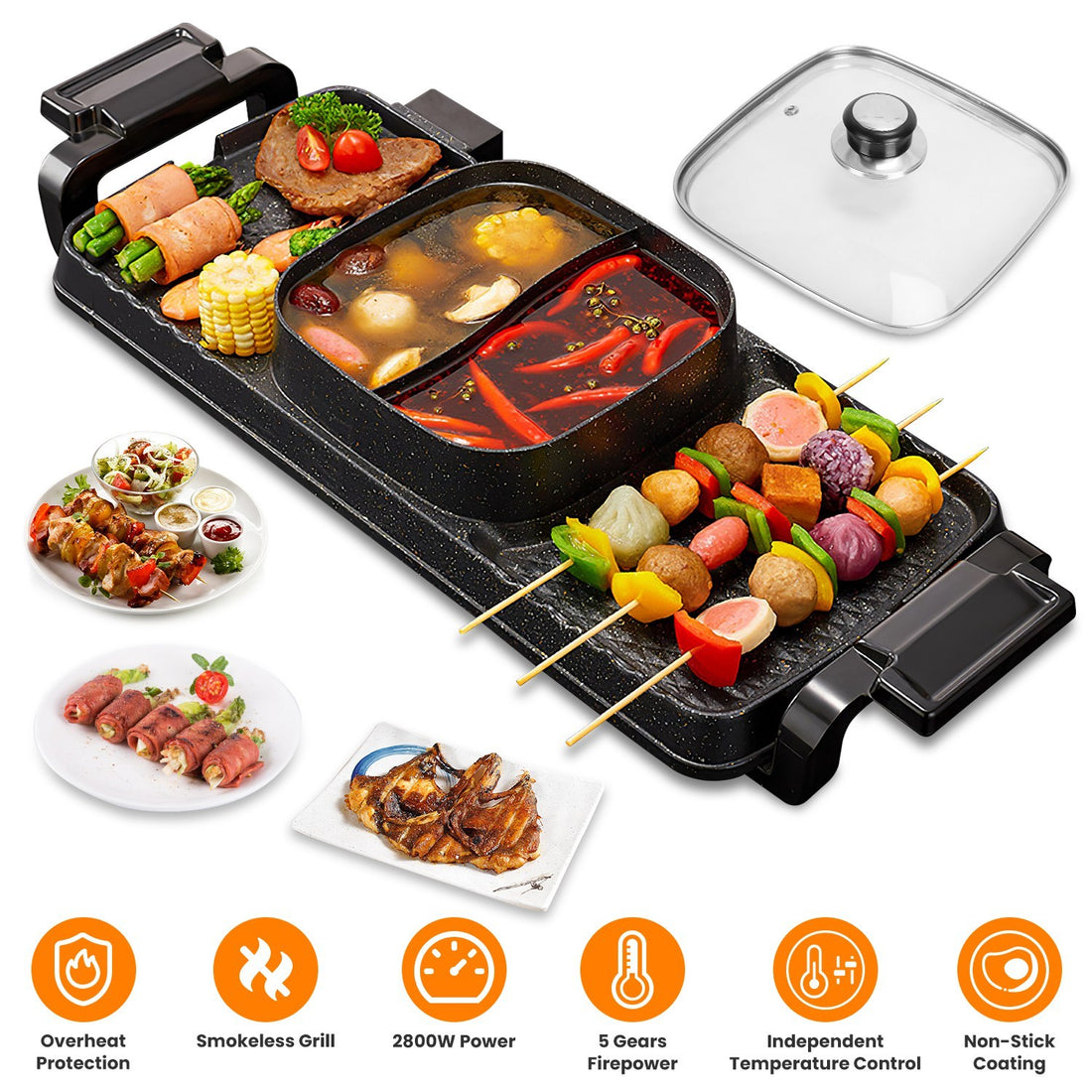 2-in-1 Electric Hot Pot with Smokeless Korean BBQ Grill – 2800W Non-Stick Shabu Shabu Combo with Independent Temperature Control