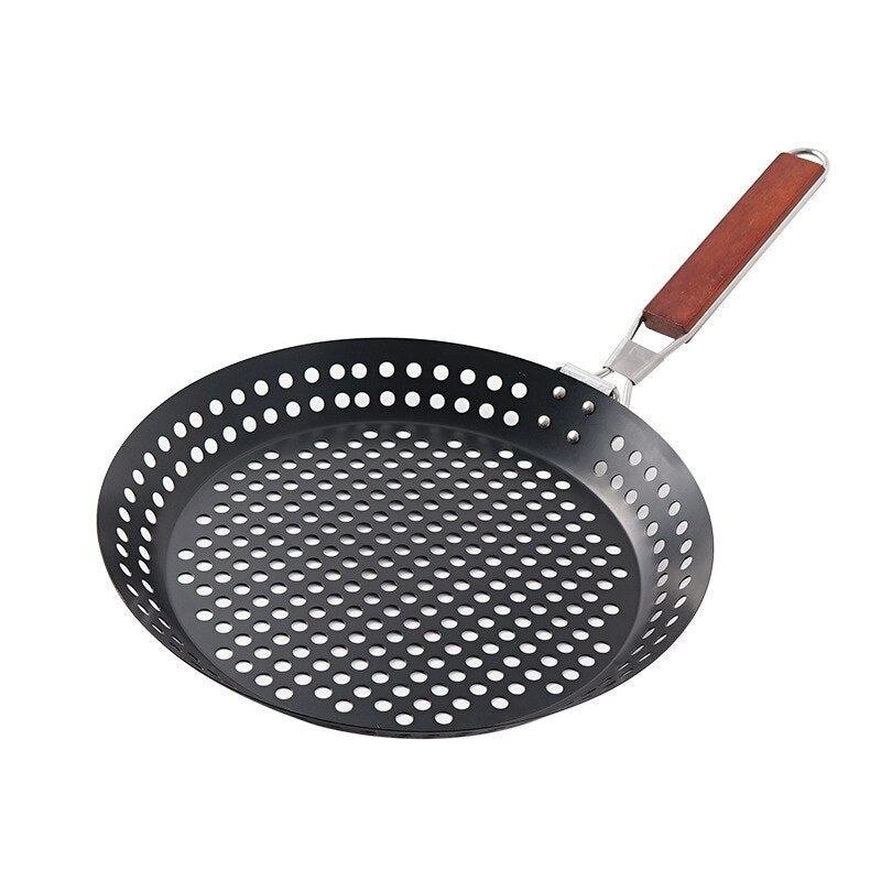 Perforated Iron Frying Pan with Foldable Heatproof Handle