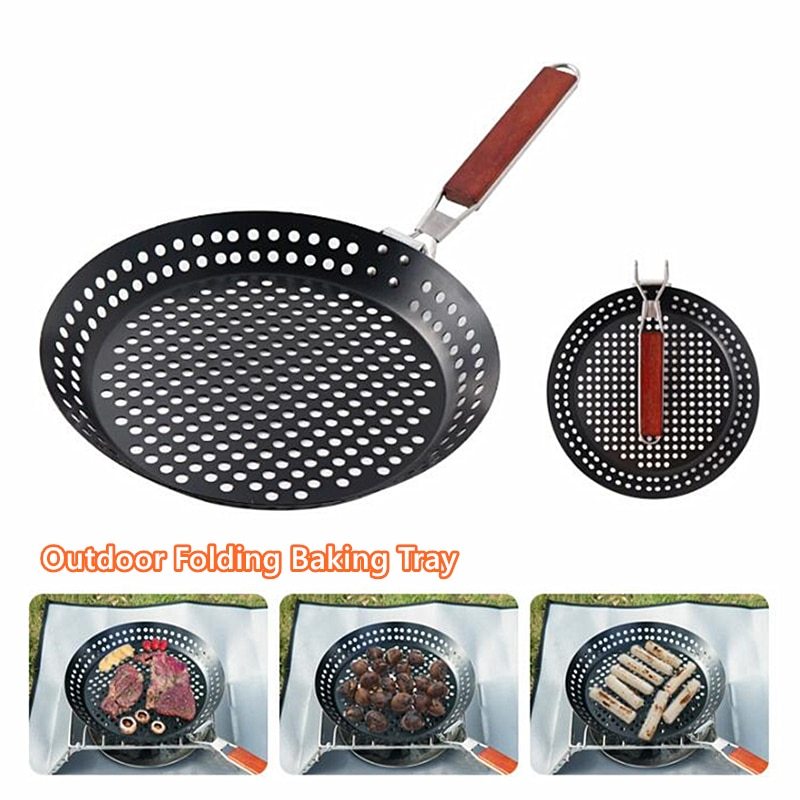 Perforated Iron Frying Pan with Foldable Heatproof Handle
