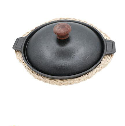 Traditional Cast Iron Pot with Optional Lid and Rattan Basket Set
