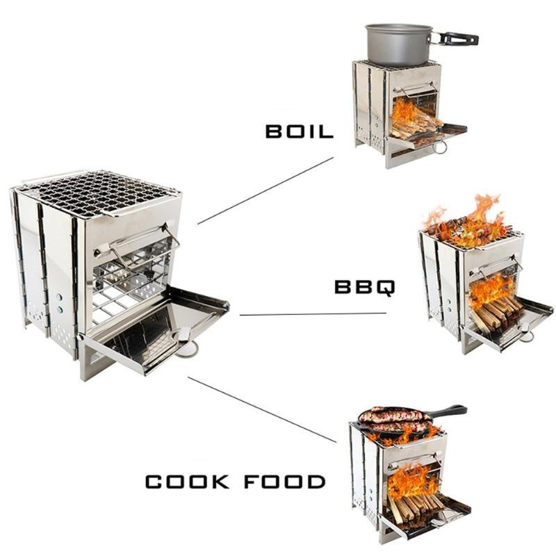 Foldable Wood-Burning Camping Grill – Portable Stainless Steel BBQ Stove for Outdoor Cooking
