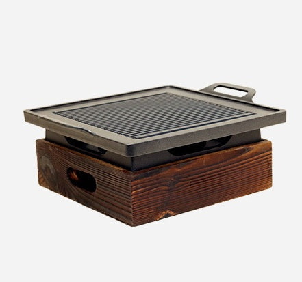 Wooden Base Korean Style Grill Pan – Household Smokeless Baking Tray
