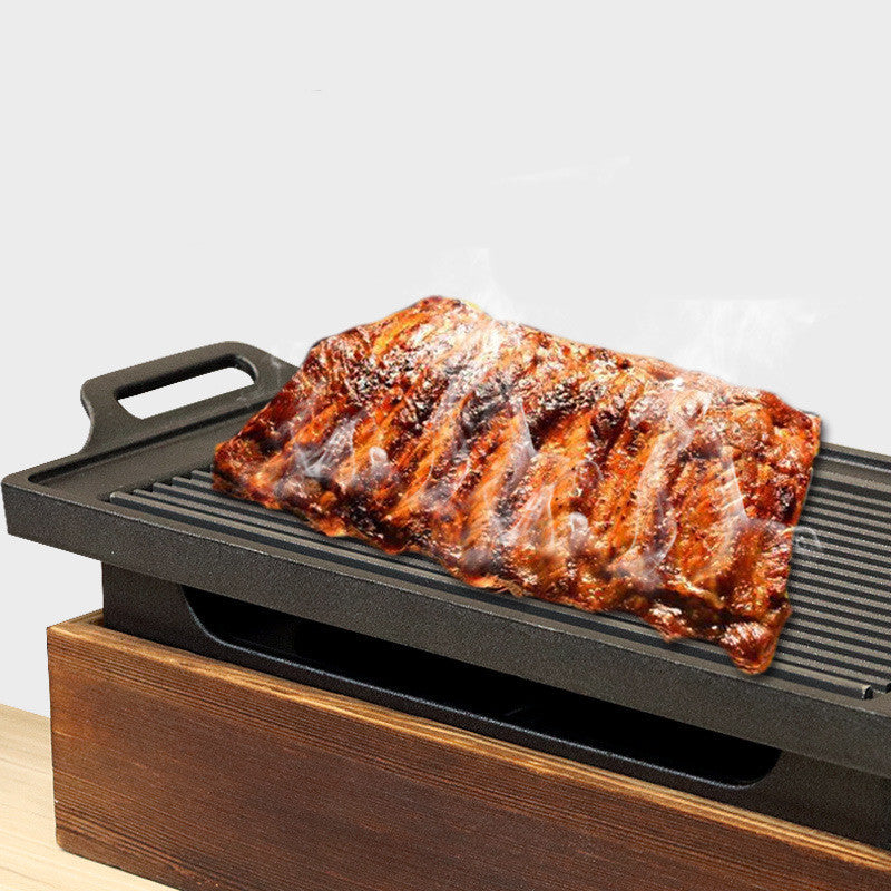 Wooden Base Korean Style Grill Pan – Household Smokeless Baking Tray
