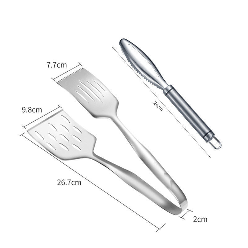 Stainless Steel Steak Frying Spatula & BBQ Tongs with Oil Drain Shovel – Multi-Purpose Kitchen Cooking Utensils