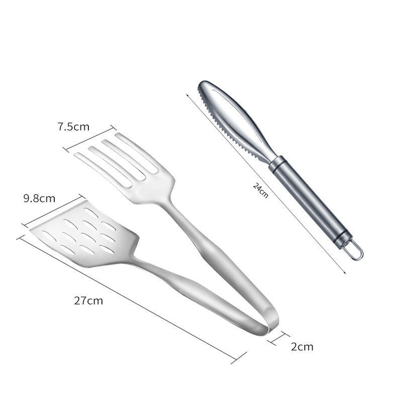 Stainless Steel Steak Frying Spatula & BBQ Tongs with Oil Drain Shovel – Multi-Purpose Kitchen Cooking Utensils