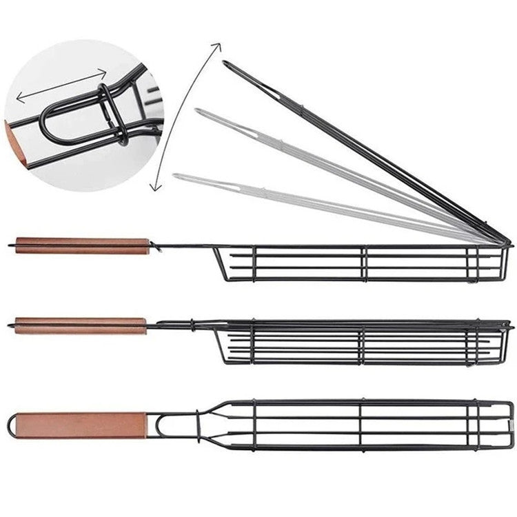 Stainless Steel BBQ Grill Mesh Basket with Wooden Handle – Barbecue Tools & Kitchen Accessories