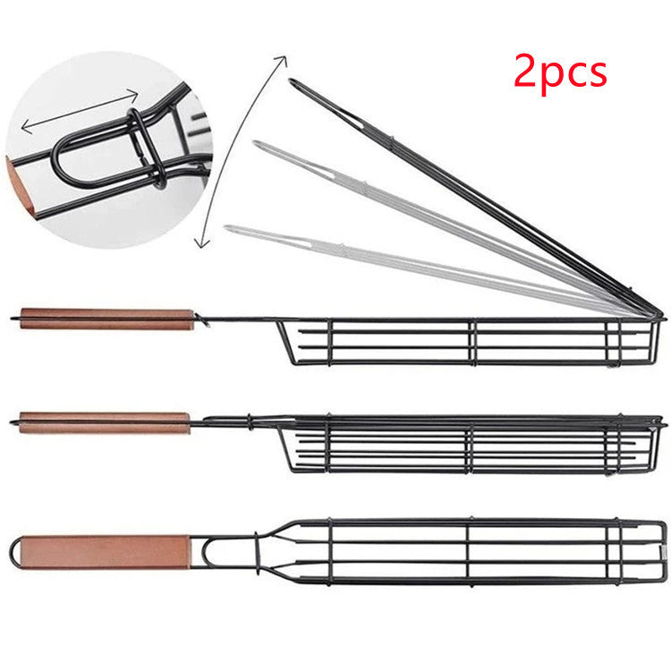 Stainless Steel BBQ Grill Mesh Basket with Wooden Handle – Barbecue Tools & Kitchen Accessories