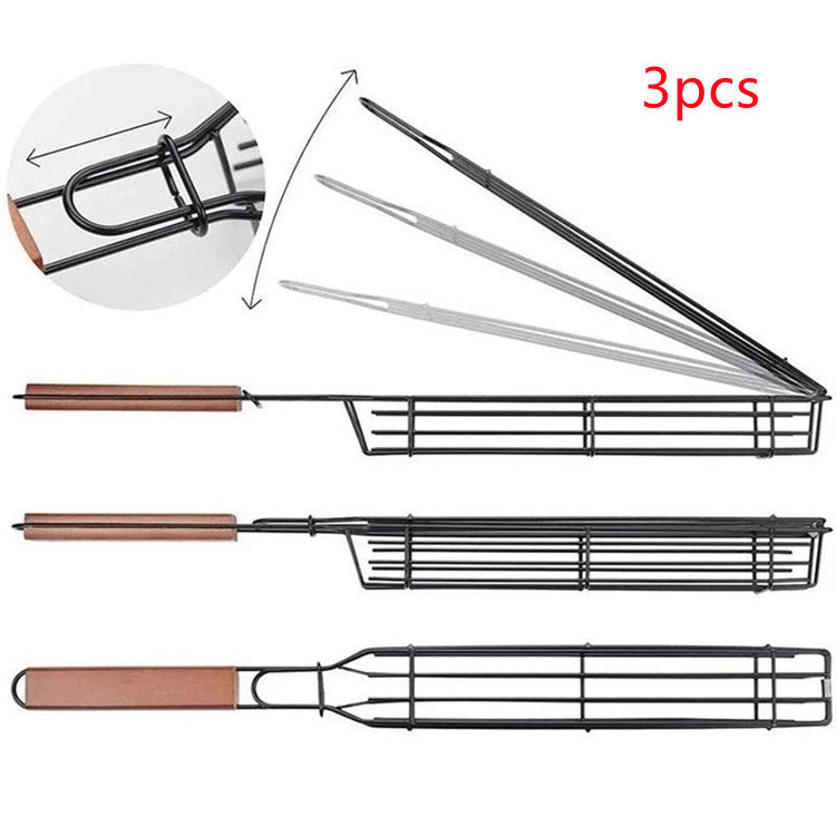 Stainless Steel BBQ Grill Mesh Basket with Wooden Handle – Barbecue Tools & Kitchen Accessories