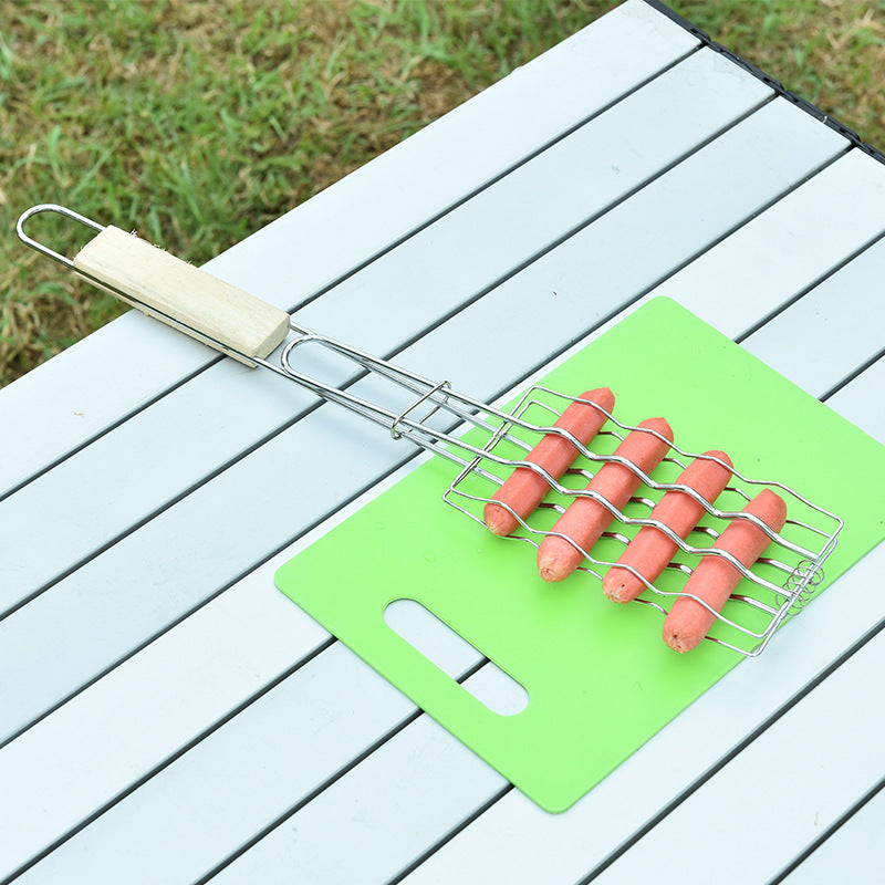Outdoor Grilling Accessories – Wooden Handle Sausage & Vegetable Barbecue Clip Rack

