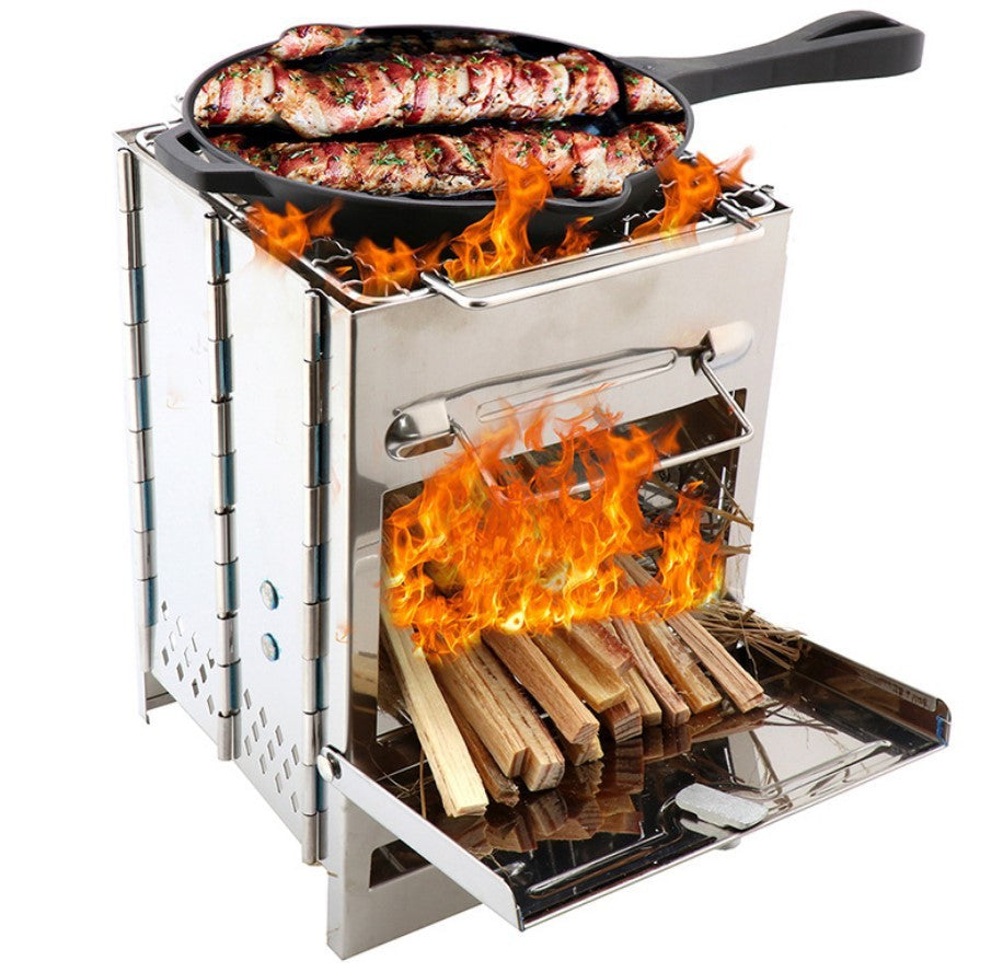 Foldable Wood-Burning Camping Grill – Portable Stainless Steel BBQ Stove for Outdoor Cooking
