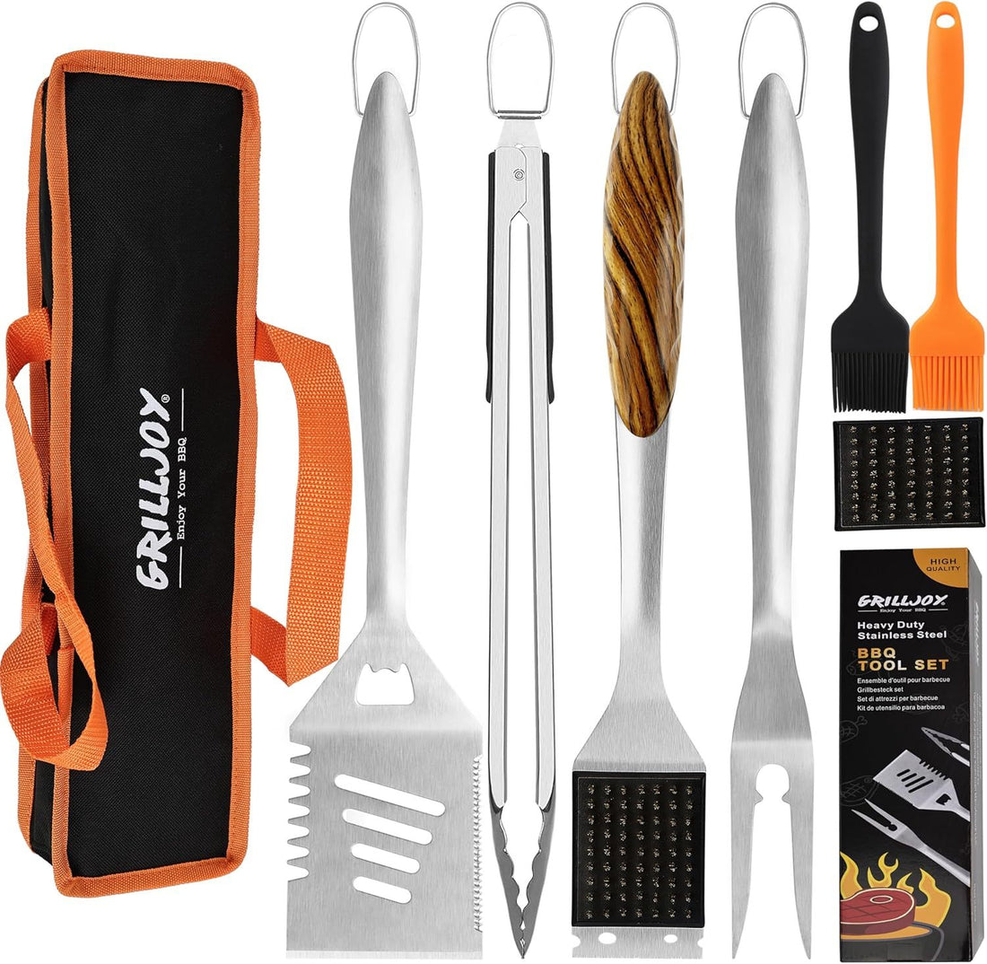 Grilljoy 8PCS Heavy Duty BBQ Grill Tools Set – Extra Thick Stainless Steel Spatula, Fork, Tongs, Grill Cleaning Brush & Portable Storage Bag – Complete Barbecue Accessories Kit for Men
