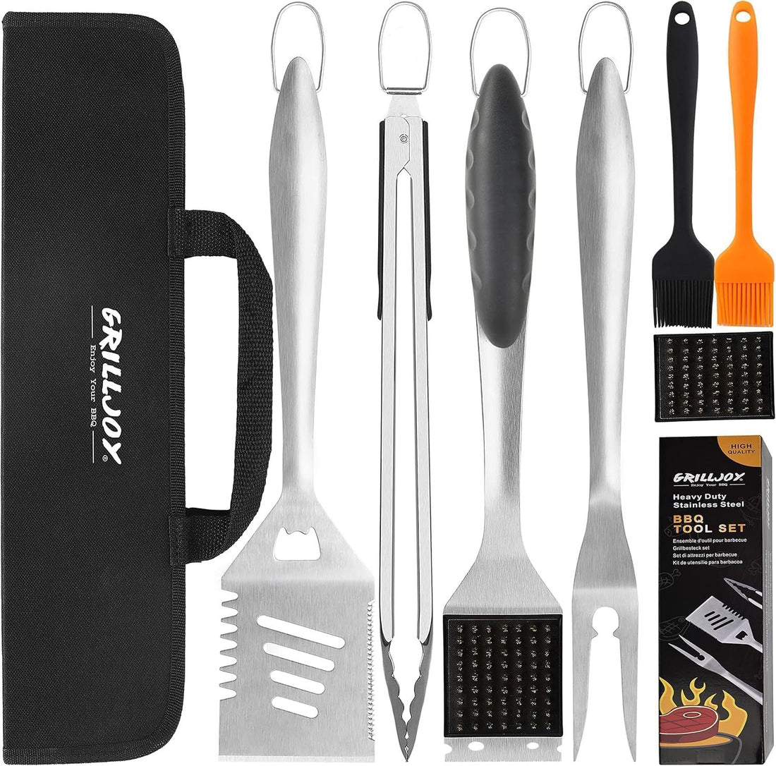 Grilljoy 8PCS Heavy Duty BBQ Grill Tools Set – Extra Thick Stainless Steel Spatula, Fork, Tongs, Grill Cleaning Brush & Portable Storage Bag – Complete Barbecue Accessories Kit for Men
