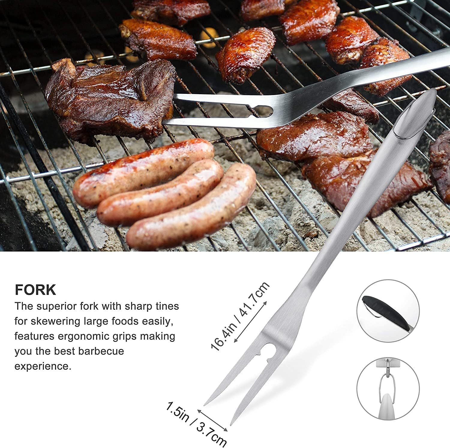 Grilljoy 8PCS Heavy Duty BBQ Grill Tools Set – Extra Thick Stainless Steel Spatula, Fork, Tongs, Grill Cleaning Brush & Portable Storage Bag – Complete Barbecue Accessories Kit for Men
