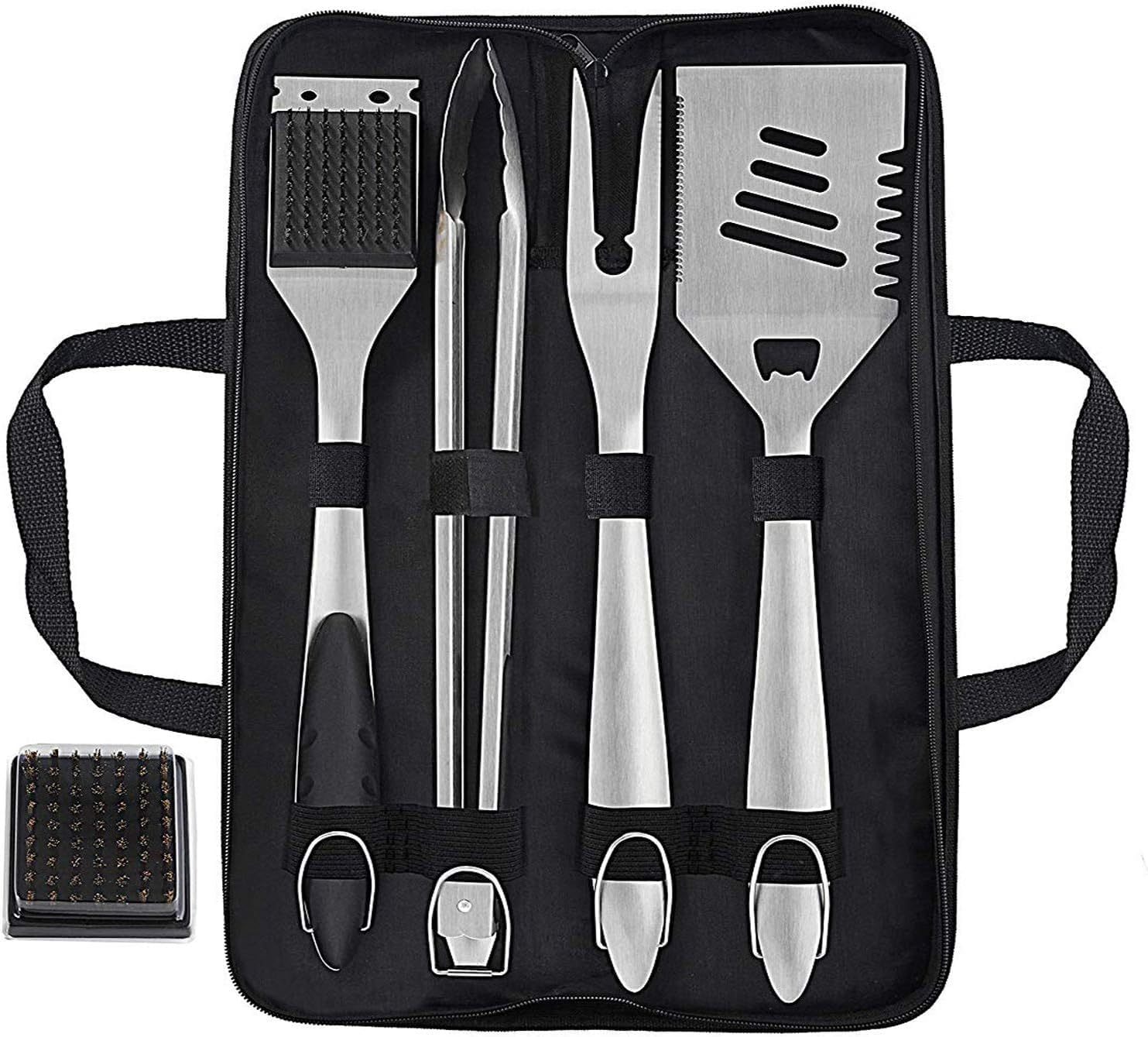 Grilljoy 8PCS Heavy Duty BBQ Grill Tools Set – Extra Thick Stainless Steel Spatula, Fork, Tongs, Grill Cleaning Brush & Portable Storage Bag – Complete Barbecue Accessories Kit for Men
