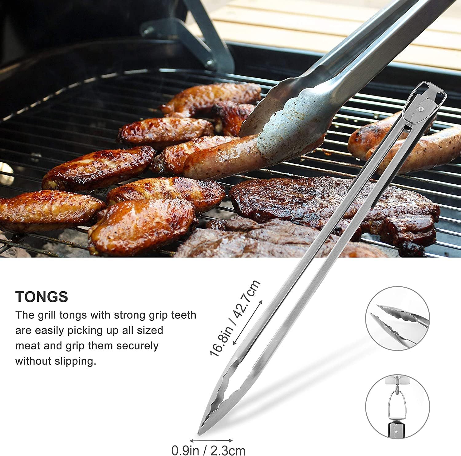 Grilljoy 8PCS Heavy Duty BBQ Grill Tools Set – Extra Thick Stainless Steel Spatula, Fork, Tongs, Grill Cleaning Brush & Portable Storage Bag – Complete Barbecue Accessories Kit for Men
