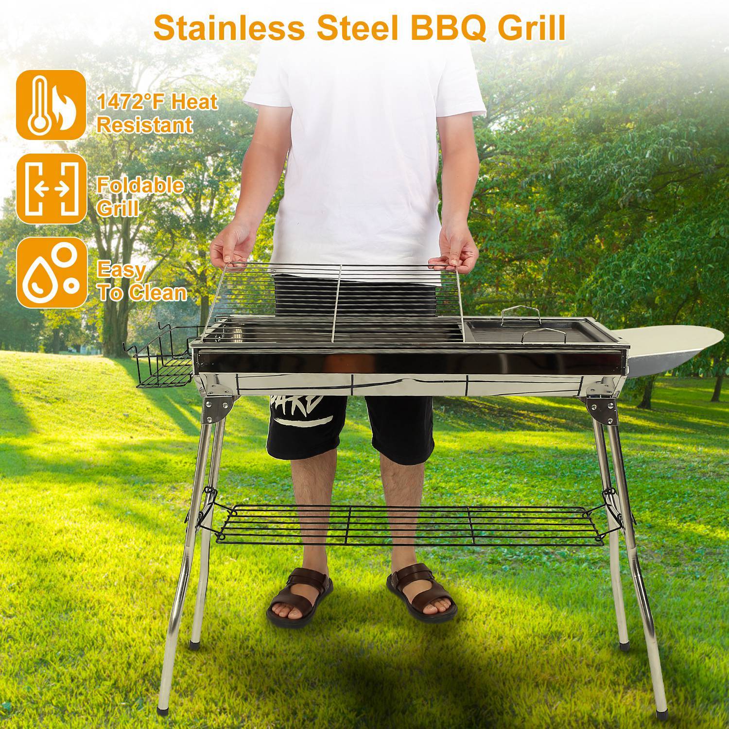 Portable Foldable BBQ Grill – Stainless Steel Charcoal Grill with Non-Stick Frying Pan for Outdoor Cooking, Picnic & Camping 