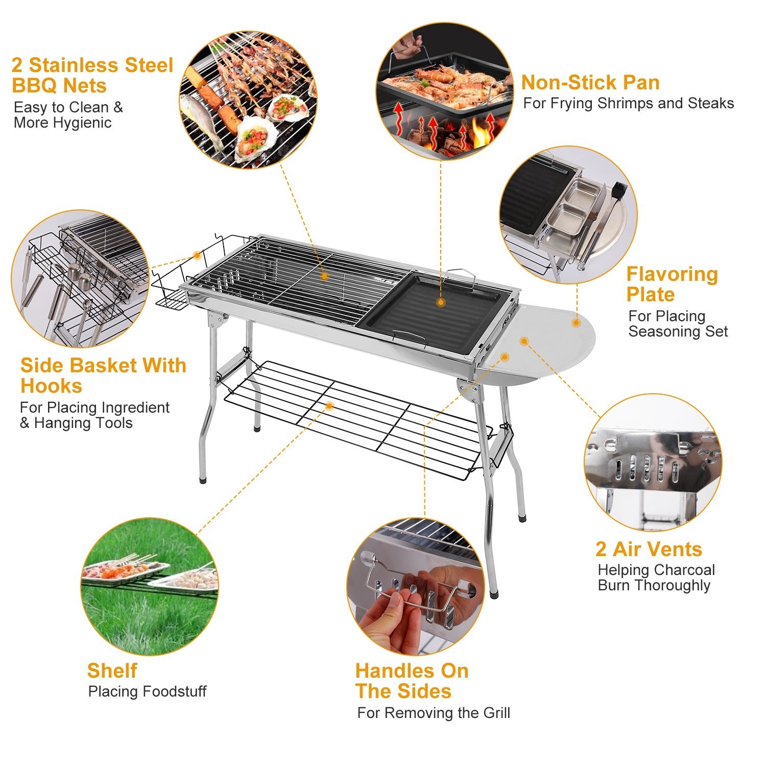 Portable Foldable BBQ Grill – Stainless Steel Charcoal Grill with Non-Stick Frying Pan for Outdoor Cooking, Picnic & Camping 