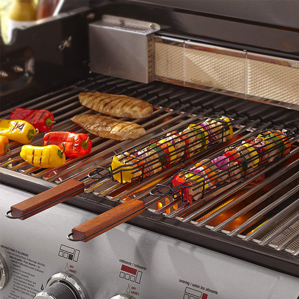 Stainless Steel BBQ Grill Mesh Basket with Wooden Handle – Barbecue Tools & Kitchen Accessories