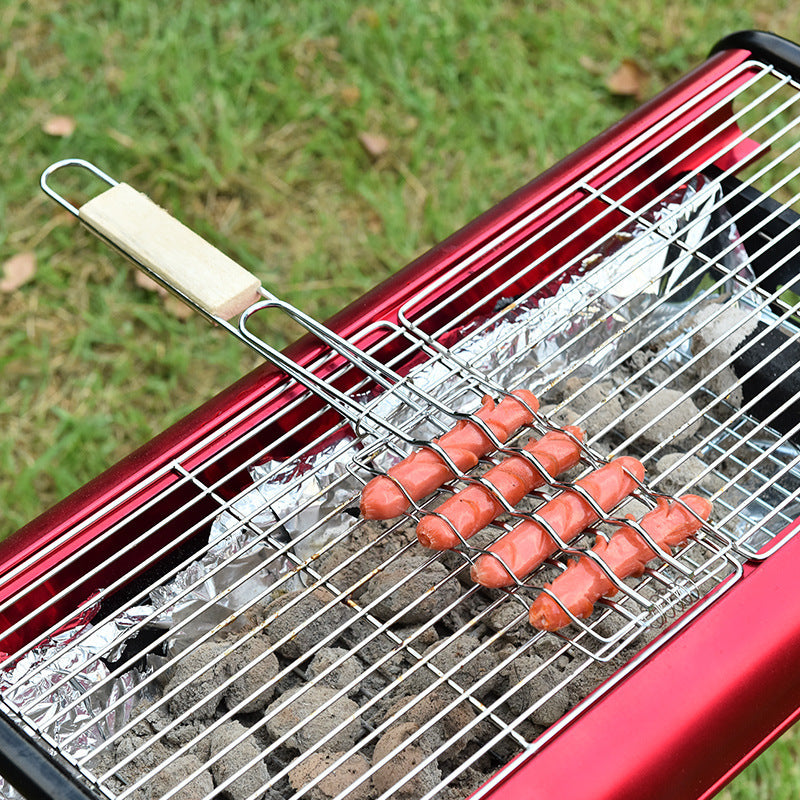 Outdoor Grilling Accessories – Wooden Handle Sausage & Vegetable Barbecue Clip Rack
