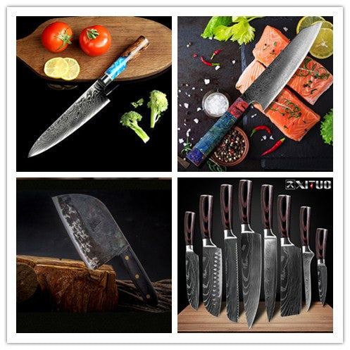 8-Piece Professional Kitchen Accessories Knife Set – Chef Knife, Meat Cutter, Japanese Style Knives, Boning & Bread Knife – 4Cr13MoV, Damascus & High Carbon Steel
Product Description:
