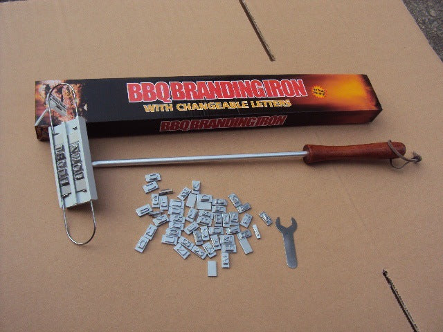 Custom BBQ Branding Iron with 55 Letters – Hot Stamping Die with Wooden Handle for Grilling Fun