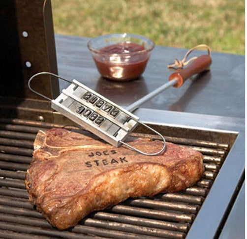 Custom BBQ Branding Iron with 55 Letters – Hot Stamping Die with Wooden Handle for Grilling Fun