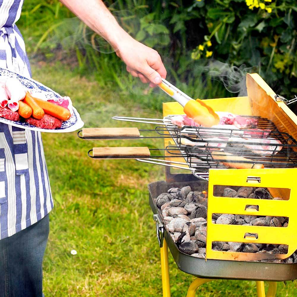 Stainless Steel BBQ Grill Mesh Basket with Wooden Handle – Barbecue Tools & Kitchen Accessories