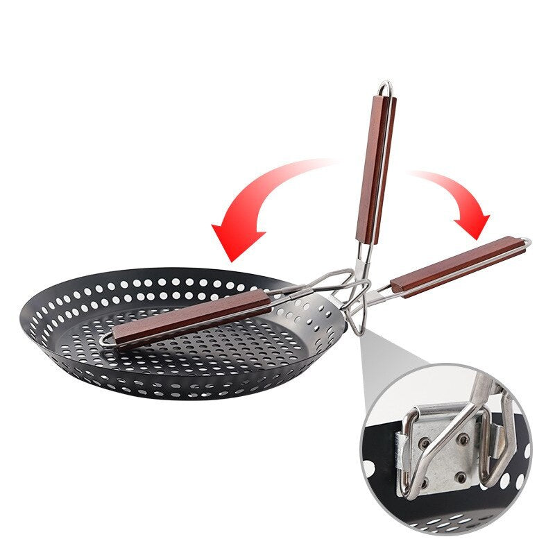 Perforated Iron Frying Pan with Foldable Heatproof Handle