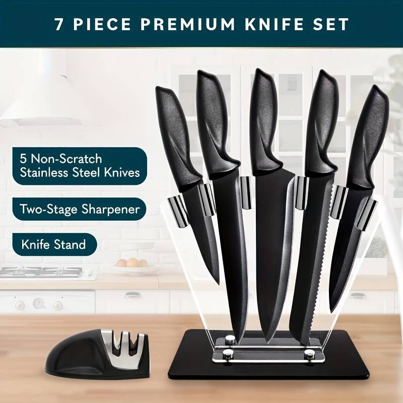 7-Piece High Carbon Stainless Steel Knife Set with Ergonomic Handles, Sharpener & Acrylic Stand – Premium Kitchen Gift Set