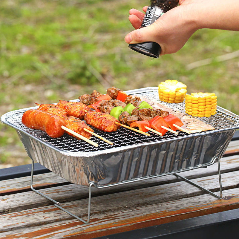 Portable BBQ Grill Set with Disposable Foil, Skewers & Charcoal for Outdoor Cooking
