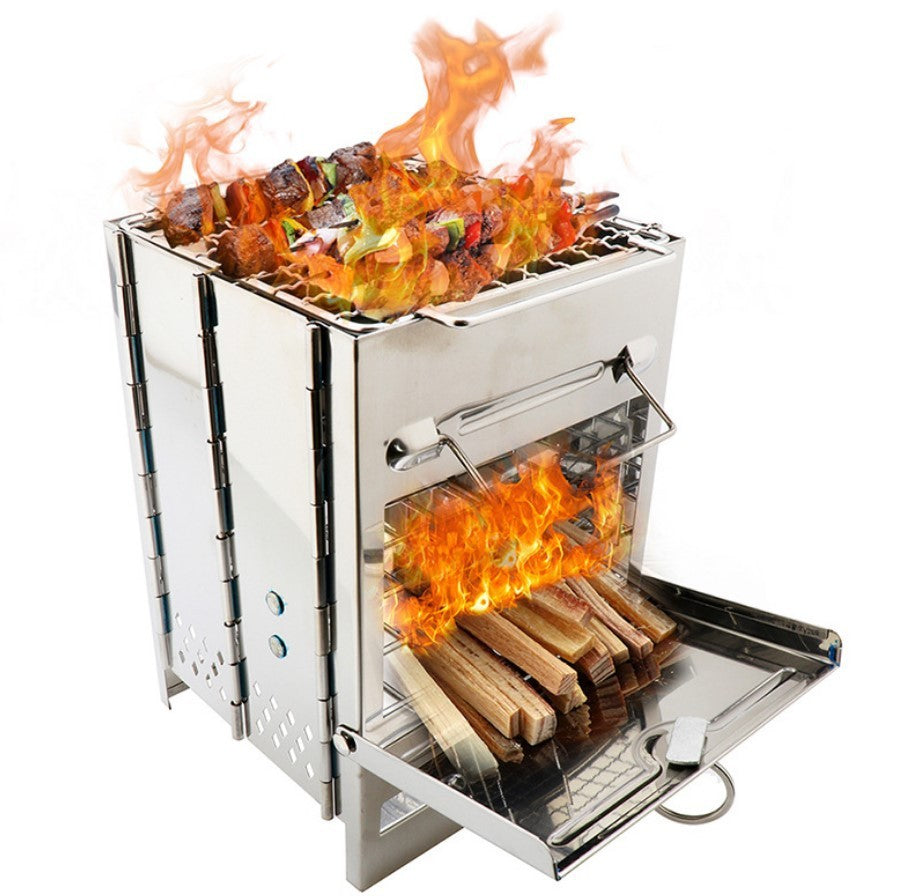 Foldable Wood-Burning Camping Grill – Portable Stainless Steel BBQ Stove for Outdoor Cooking
