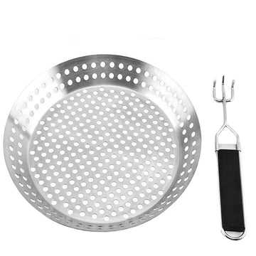 Round Grill Basket with Removable 430 Stainless Steel Wooden Handle