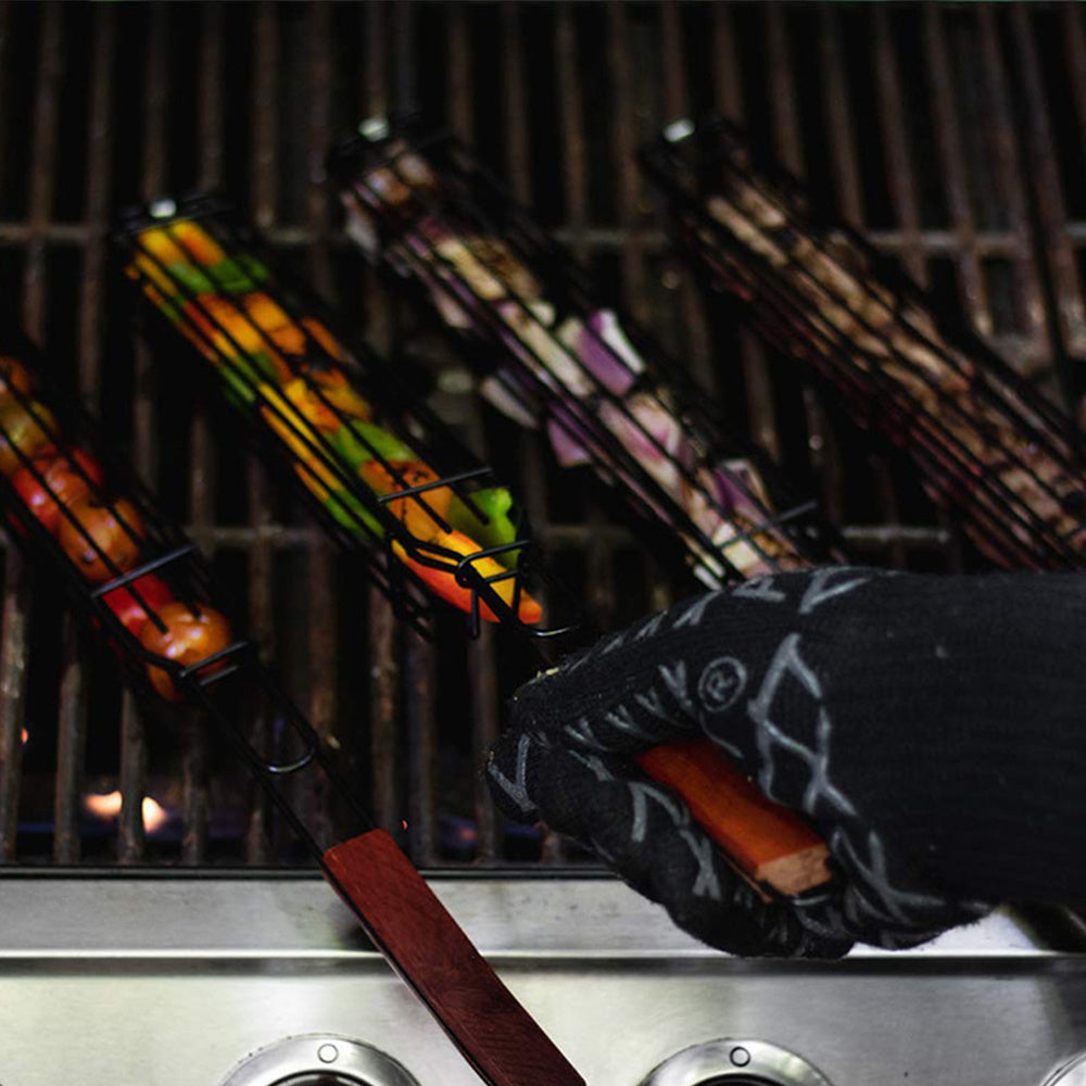 Stainless Steel BBQ Grill Mesh Basket with Wooden Handle – Barbecue Tools & Kitchen Accessories