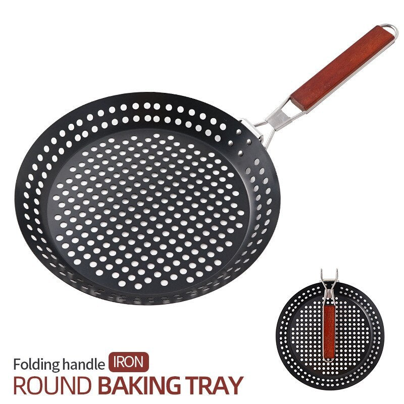 Perforated Iron Frying Pan with Foldable Heatproof Handle
