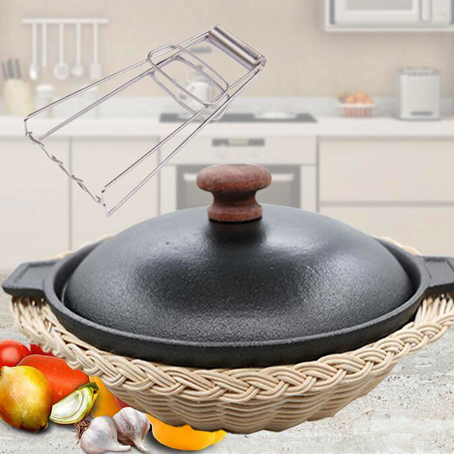 Traditional Cast Iron Pot with Optional Lid and Rattan Basket Set
