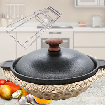 Traditional Cast Iron Pot with Optional Lid and Rattan Basket Set
