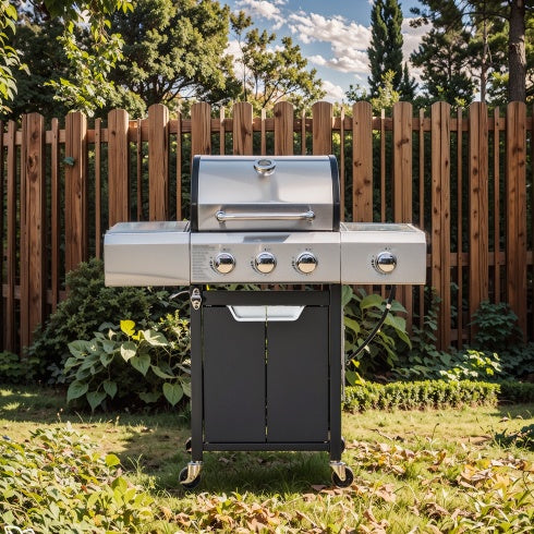 Outdoor 3-Burner Propane Gas Grill with Side Burner & Cover – Stainless Steel BBQ for Camping & Garden Cooking
