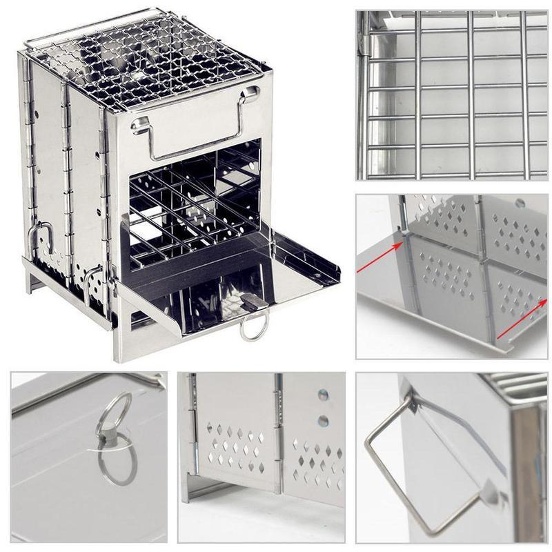 Foldable Wood-Burning Camping Grill – Portable Stainless Steel BBQ Stove for Outdoor Cooking
