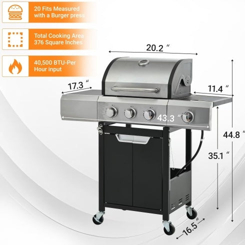 Outdoor 3-Burner Propane Gas Grill with Side Burner & Cover – Stainless Steel BBQ for Camping & Garden Cooking
