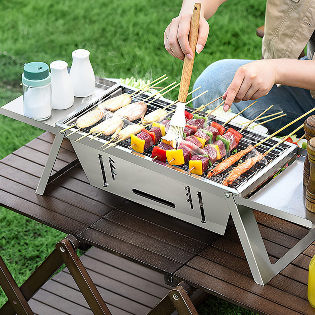 3 in 1 Foldable Charcoal Grill Fire Pit & Slow Cooker | Portable BBQ Grill for Camping & Tailgating - Stainless Steel, Compact & Heat-Resistant
