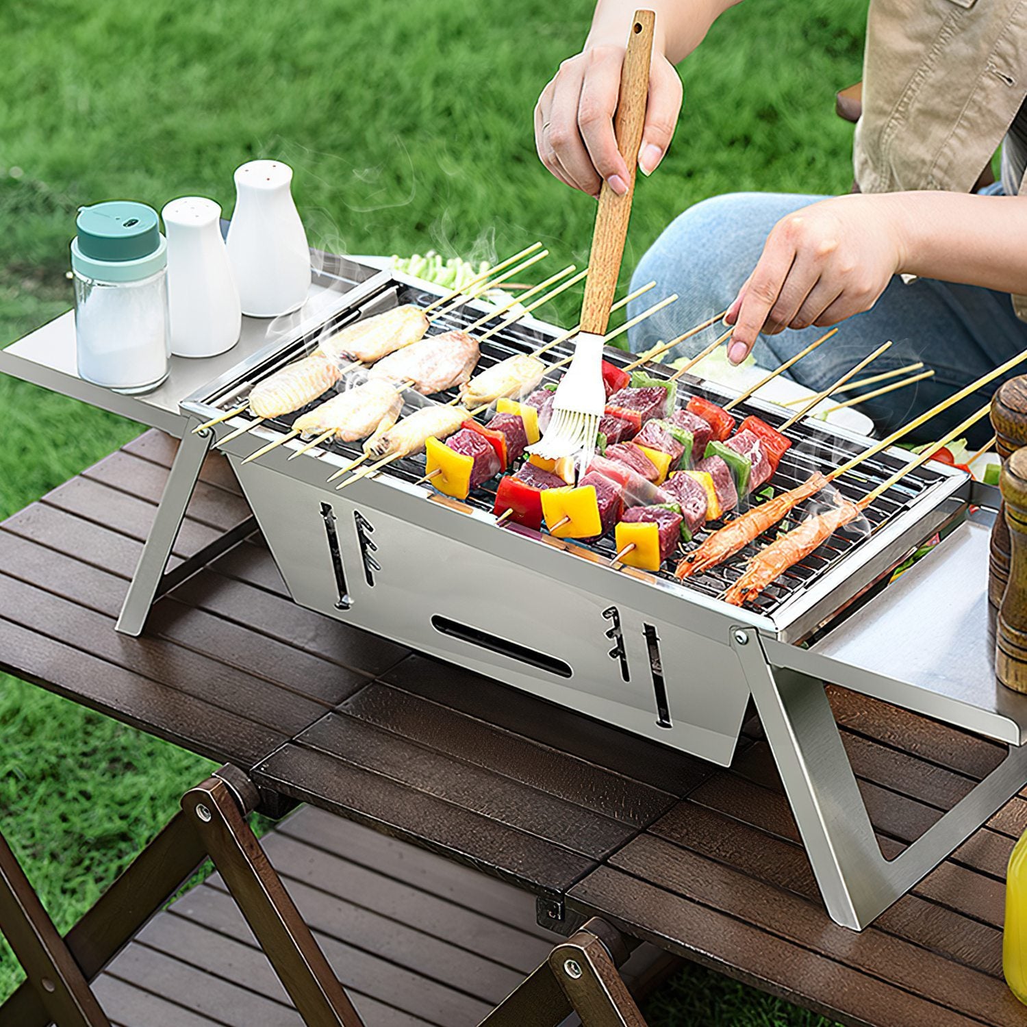 3 in 1 Foldable Charcoal Grill Fire Pit & Slow Cooker | Portable BBQ Grill for Camping & Tailgating - Stainless Steel, Compact & Heat-Resistant
