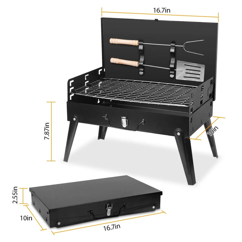 16.7x10x17.7in Foldable BBQ Suitcase Grill – Portable Charcoal Grill Shelf for Outdoor Camping, Picnics & Garden Grilling