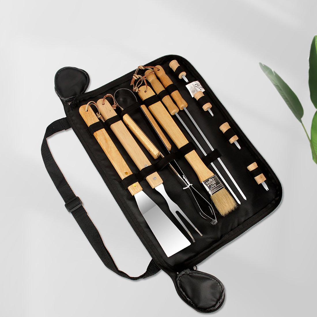 Premium Stainless Steel BBQ Grill Tool Set with Wooden Handle – 9-Piece Portable Barbecue Kit for Outdoor Grilling & Camping