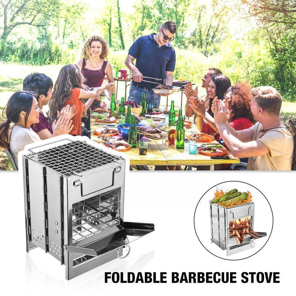 Foldable Wood-Burning Camping Grill – Portable Stainless Steel BBQ Stove for Outdoor Cooking
