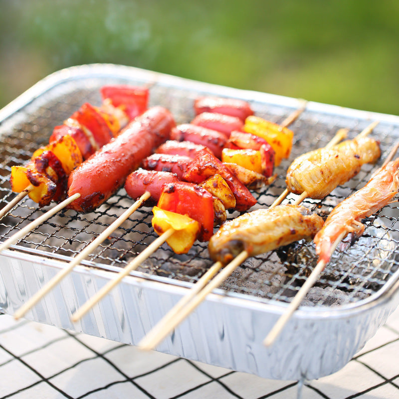 Portable BBQ Grill Set with Disposable Foil, Skewers & Charcoal for Outdoor Cooking
