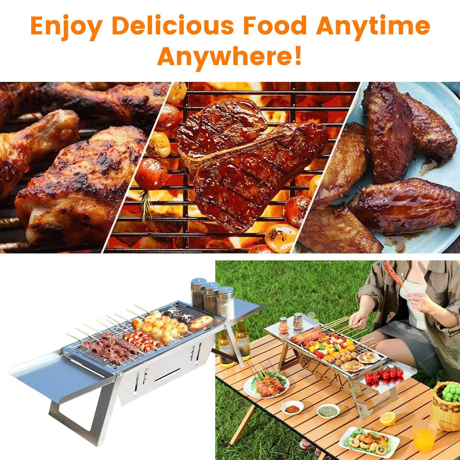 3 in 1 Foldable Charcoal Grill Fire Pit & Slow Cooker | Portable BBQ Grill for Camping & Tailgating - Stainless Steel, Compact & Heat-Resistant
