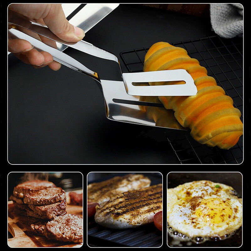 304 Stainless Steel Steak Clamp – Heavy-Duty Food Tongs for BBQ, Bread, Meat, Pancakes & Kitchen Cooking
