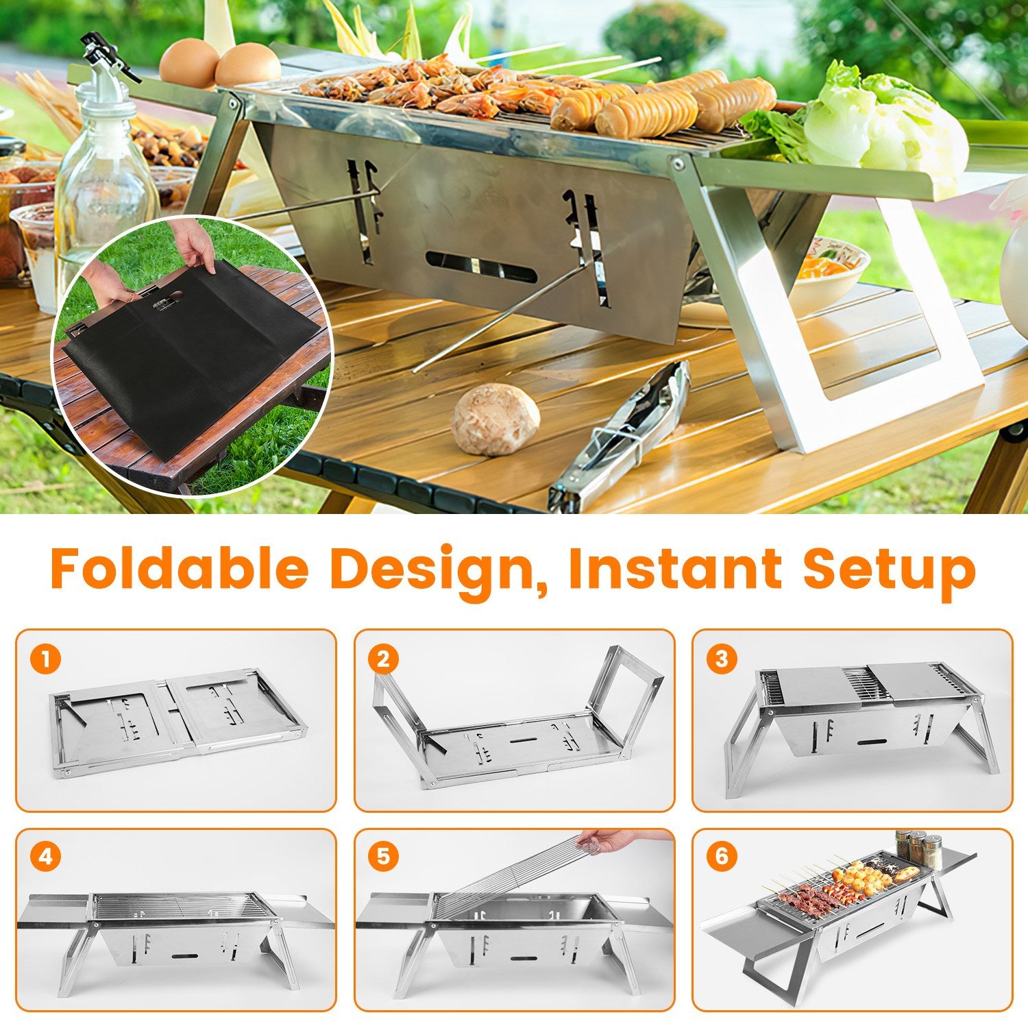 3 in 1 Foldable Charcoal Grill Fire Pit & Slow Cooker | Portable BBQ Grill for Camping & Tailgating - Stainless Steel, Compact & Heat-Resistant
