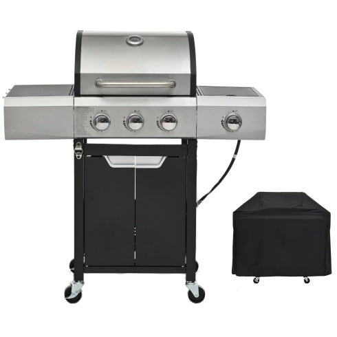 Outdoor 3-Burner Propane Gas Grill with Side Burner & Cover – Stainless Steel BBQ for Camping & Garden Cooking
